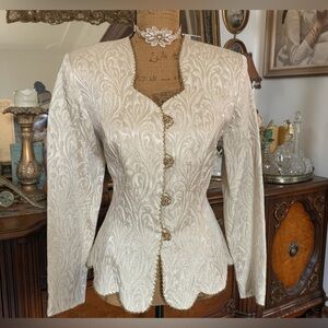 Vintage Victorian-inspired Ivory Beaded Scalloped Brocade Bridal Wedding Blazer